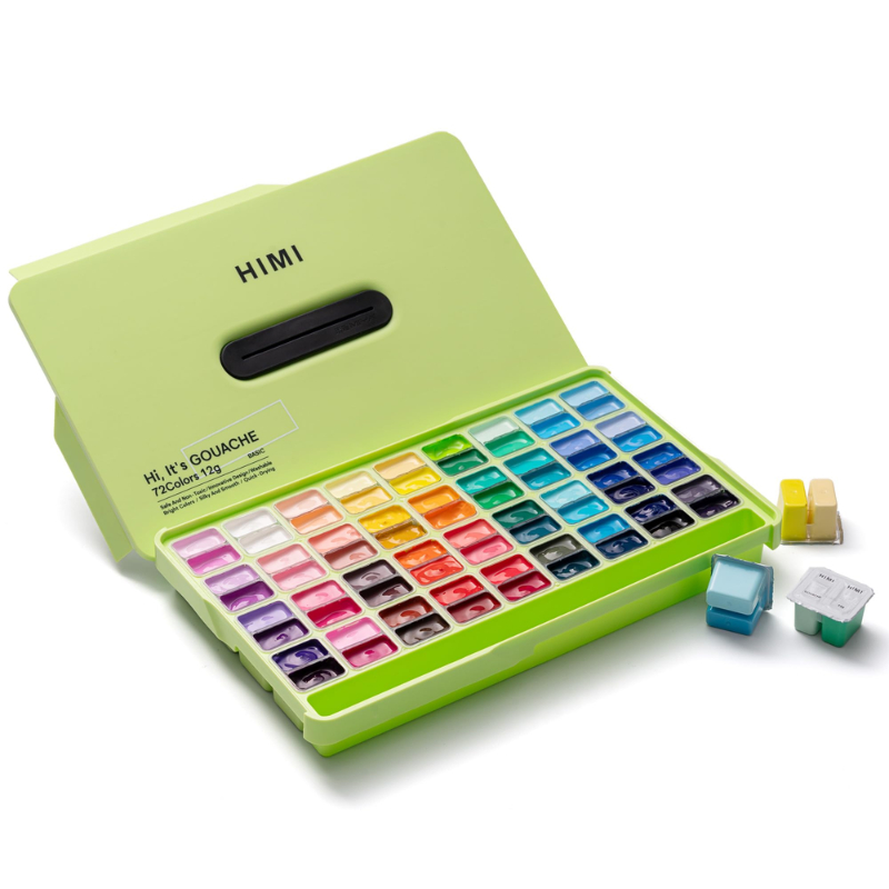 Màu vẽ gouache dạng thạch HIMI Twin Cup Paint kit - 12g x 72 màu + kèm bộ dụng cụ vẽ (APPLE GREEN CASE - GO PACK SET) - màu nước Gouache dạng thạch JELLY cup