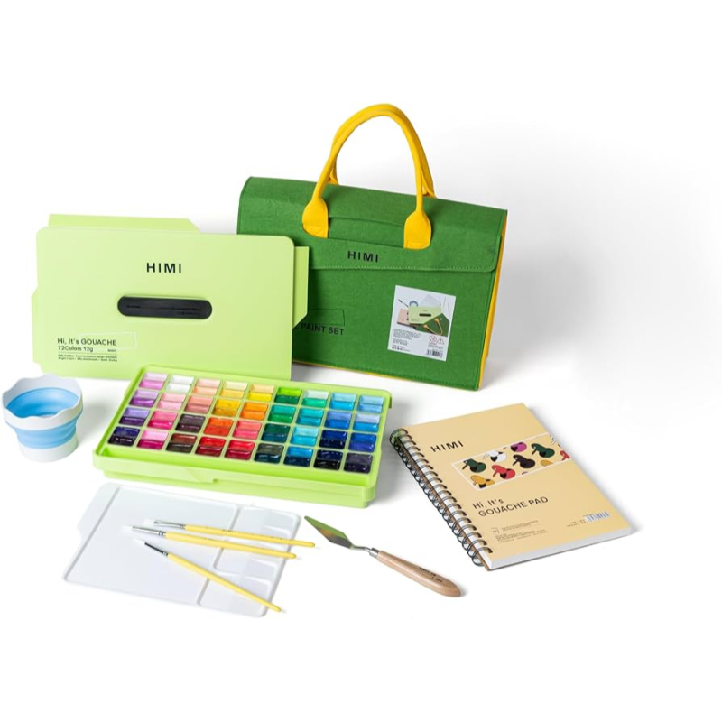 Màu vẽ gouache dạng thạch HIMI Twin Cup Paint kit - 12g x 72 màu + kèm bộ dụng cụ vẽ (APPLE GREEN CASE - GO PACK SET) - màu nước Gouache dạng thạch JELLY cup