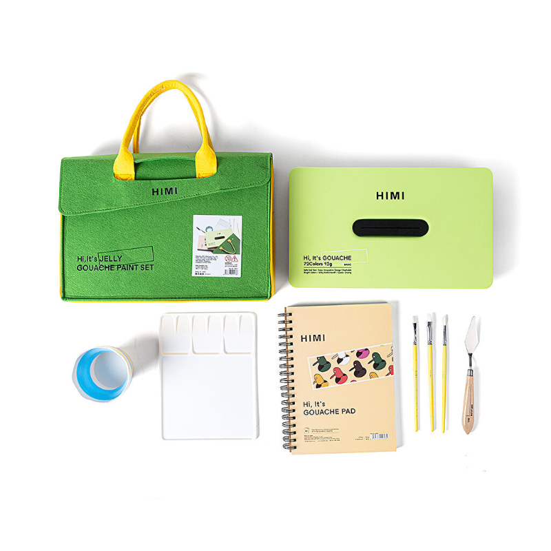 Màu vẽ gouache dạng thạch HIMI Twin Cup Paint kit - 12g x 72 màu + kèm bộ dụng cụ vẽ (APPLE GREEN CASE - GO PACK SET) - màu nước Gouache dạng thạch JELLY cup