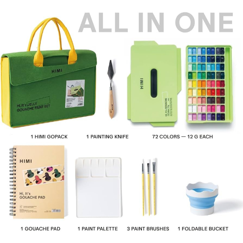Màu vẽ gouache dạng thạch HIMI Twin Cup Paint kit - 12g x 72 màu + kèm bộ dụng cụ vẽ (APPLE GREEN CASE - GO PACK SET) - màu nước Gouache dạng thạch JELLY cup