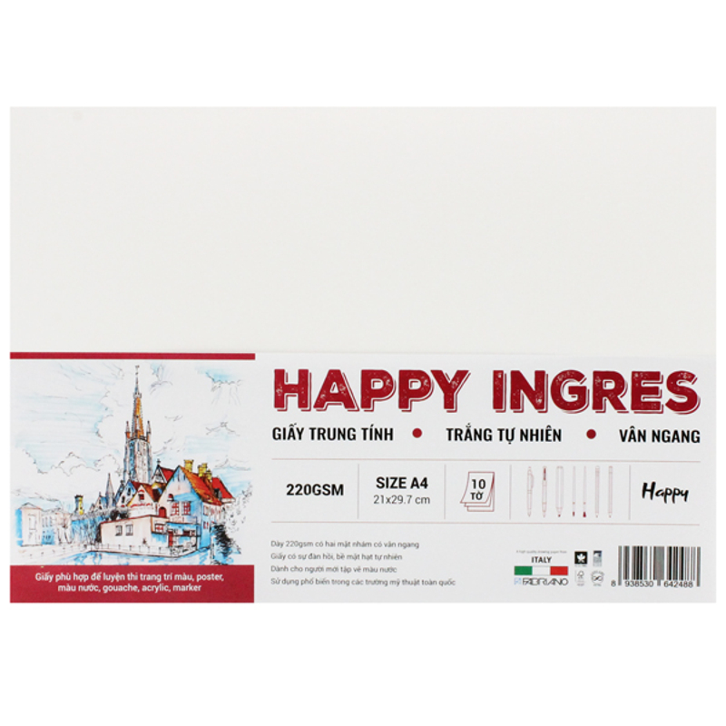 Giấy vẽ 220gsm Happy Ingres đa chất liệu vân ngang (Canson Truyền Thống) phù hợp luyện thi  (10 tờ/ xấp)