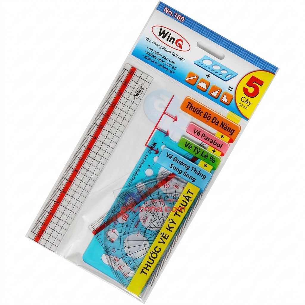 Thước bộ eke, đo độ túi 5 cây WinQ T-160/ T160 (100/600) -  Bộ thước kẻ vẽ kĩ thuật học sinh