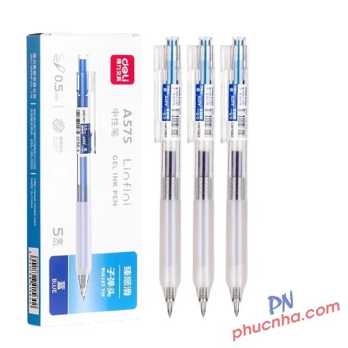 Bút gel bấm Deli A575 0.5, xanh (5)