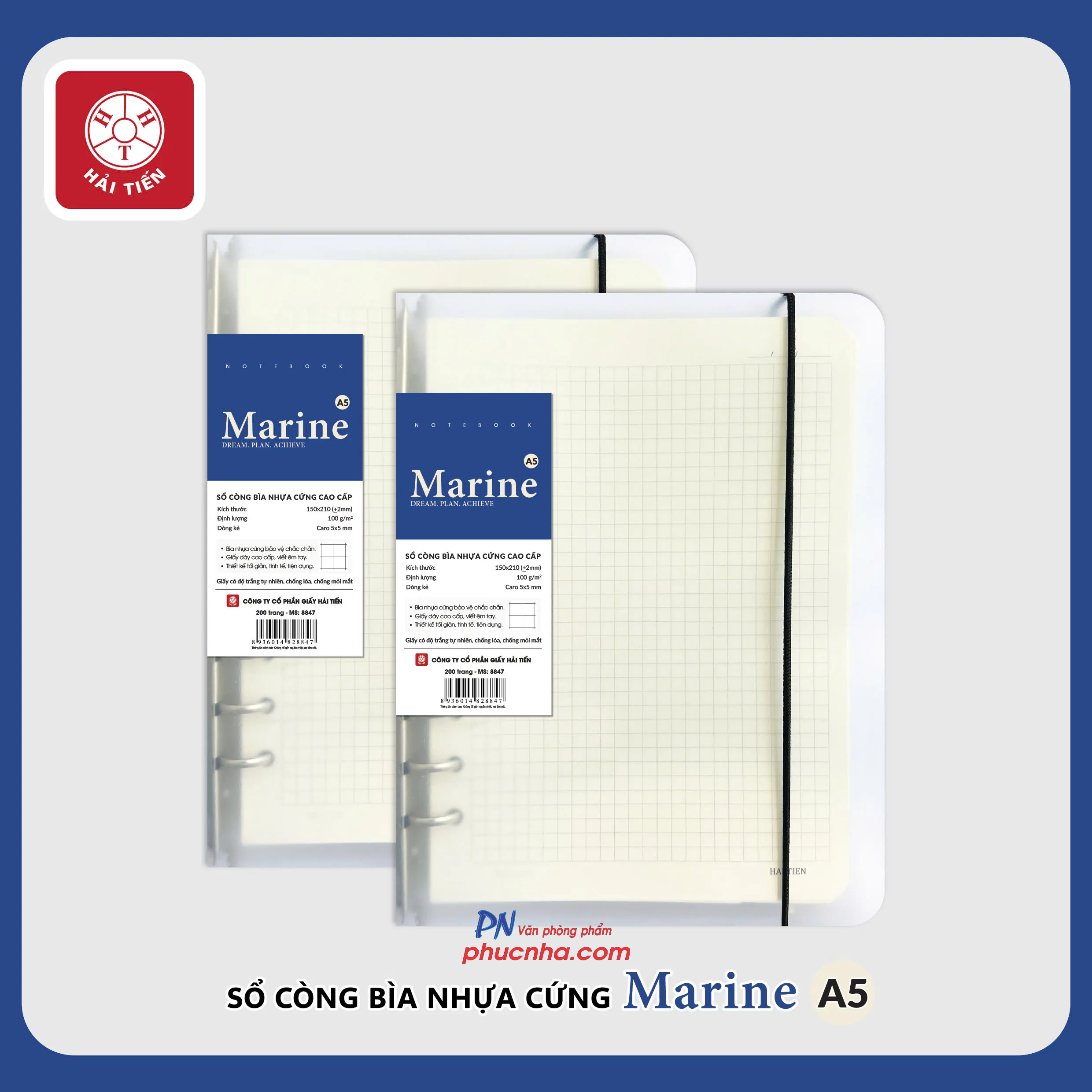 Sổ còng sắt Hải Tiến Marine 200tr 100gsm bìa nhựa kẻ ngang (giấy trắng ngà) - 6 còng A5/ 9 còng B5