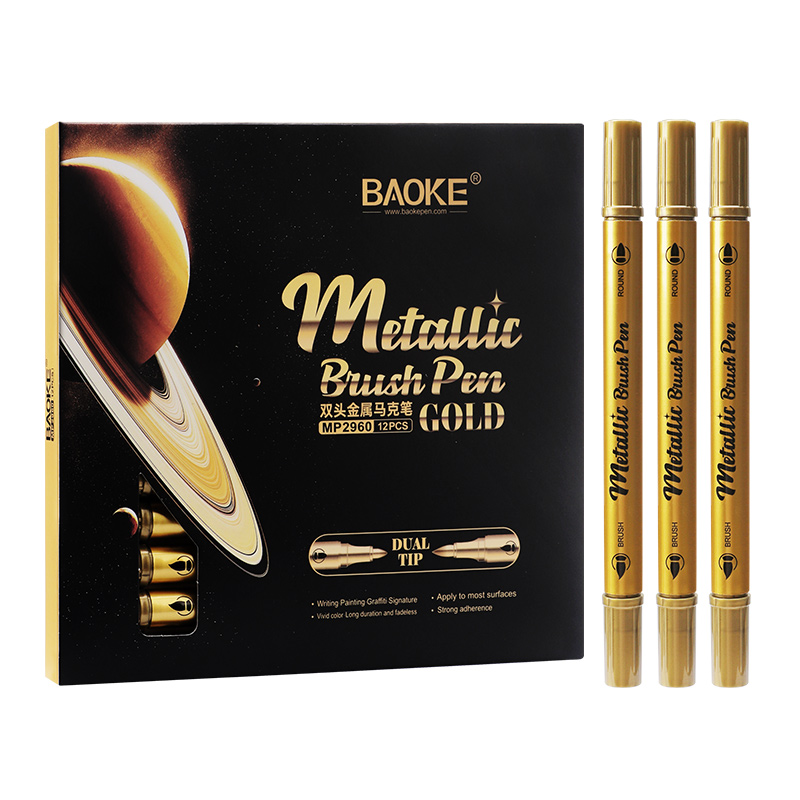 Bút lông màu acrylic nhũ Metalic Baoke MP2960 2 đầu 1-5mm (12) - Trắng/ Bạc/ Vàng