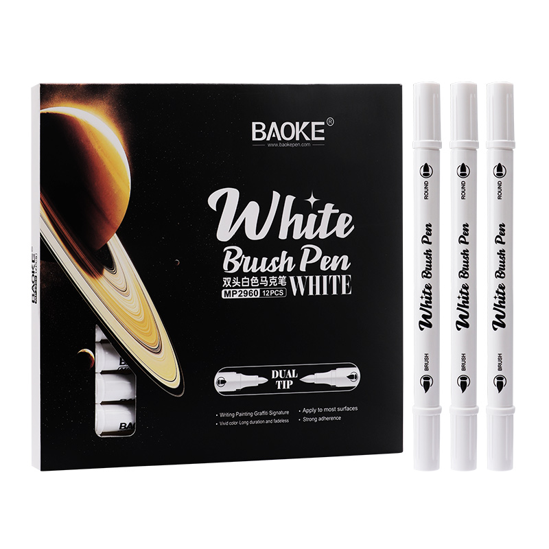 Bút lông màu acrylic nhũ Metalic Baoke MP2960 2 đầu 1-5mm (12) - Trắng/ Bạc/ Vàng