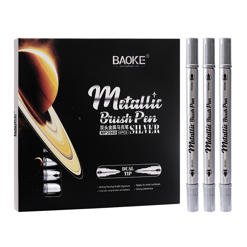 Bút lông màu acrylic nhũ Metalic Baoke MP2960 2 đầu 1-5mm (12) - Trắng/ Bạc/ Vàng