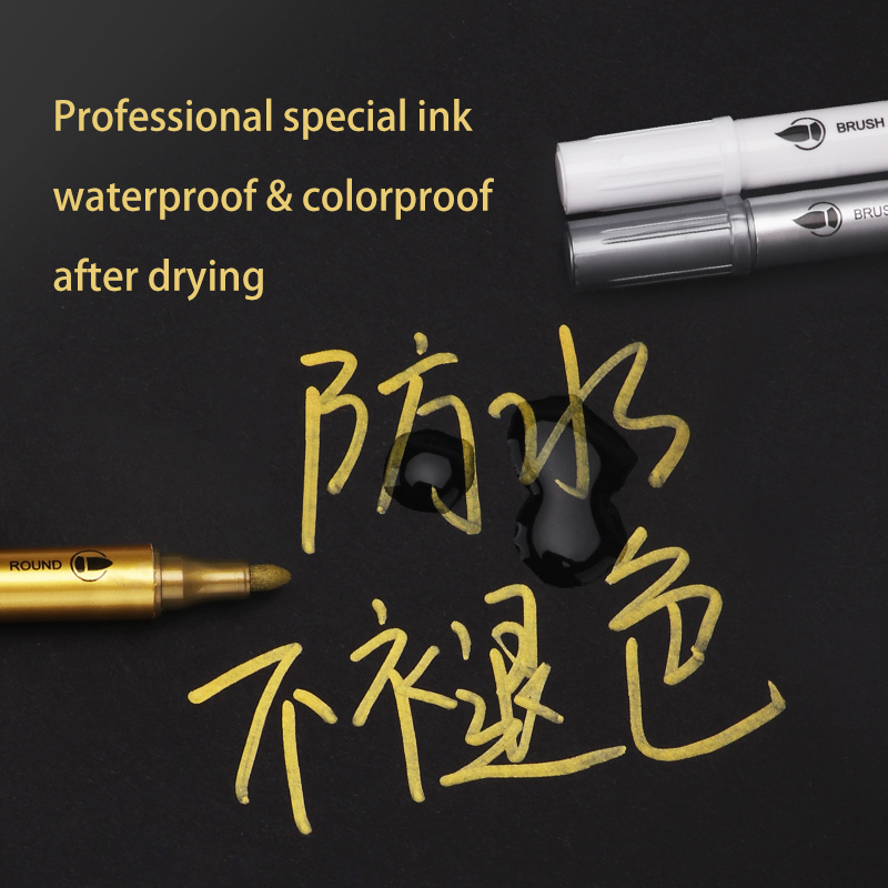 Bút lông màu acrylic nhũ Metalic Baoke MP2960 2 đầu 1-5mm (12) - Trắng/ Bạc/ Vàng