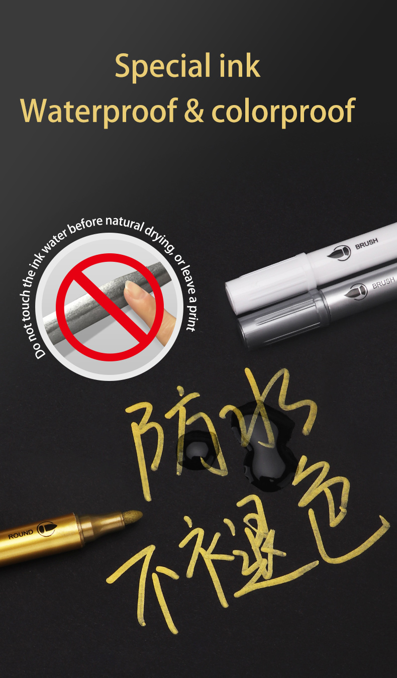 Bút lông màu acrylic nhũ Metalic Baoke MP2960 2 đầu 1-5mm (12) - Trắng/ Bạc/ Vàng