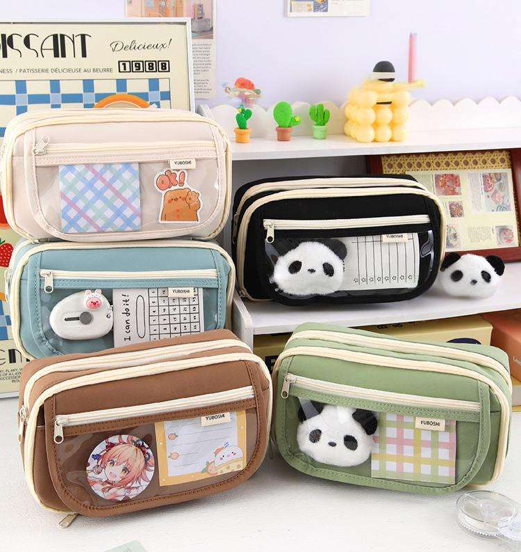 Bóp viết vải 4 ngăn viền trắng 3 dây kéo 1 nút hít có nắp trong 12x21x7cm 002 (6 màu trơn)