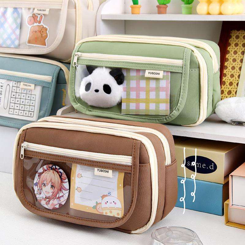 Bóp viết vải 4 ngăn viền trắng 3 dây kéo 1 nút hít có nắp trong 12x21x7cm 002 (6 màu trơn)