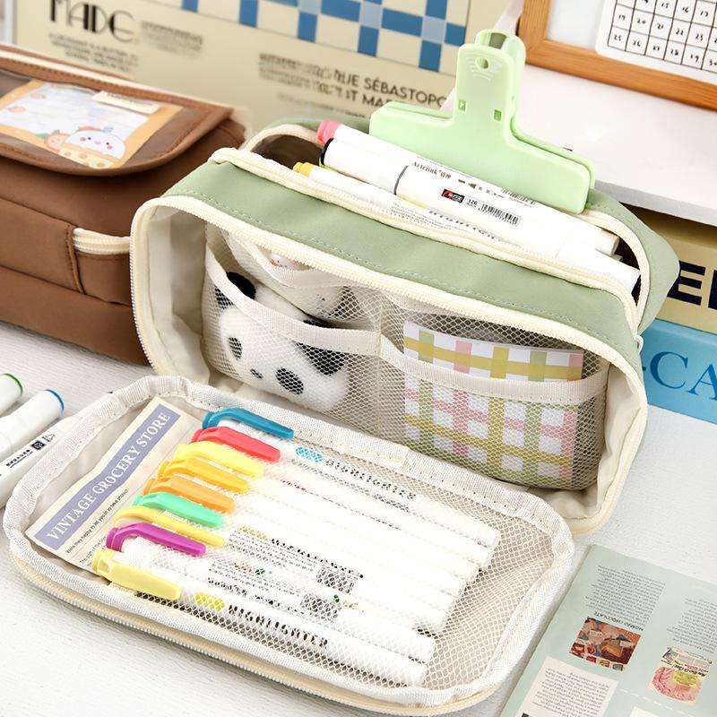 Bóp viết vải 4 ngăn viền trắng 3 dây kéo 1 nút hít có nắp trong 12x21x7cm 002 (6 màu trơn)