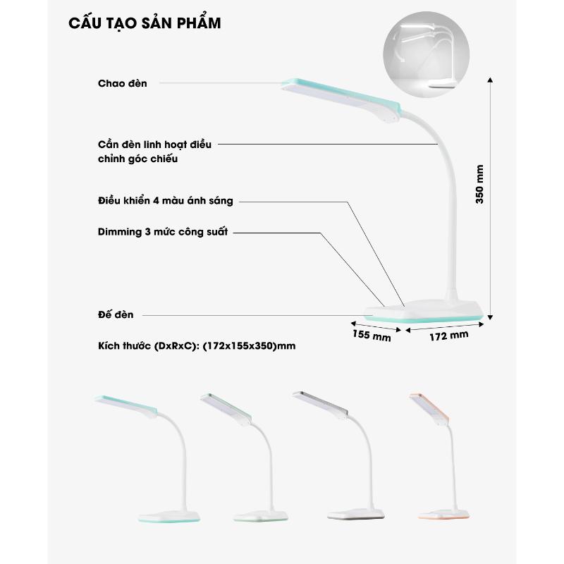 Đèn bàn LED bảo vệ thị lực Rạng Đông RD-RL-36 6W SS cảm ứng điều chỉnh 4 màu sáng, 3 mức sáng