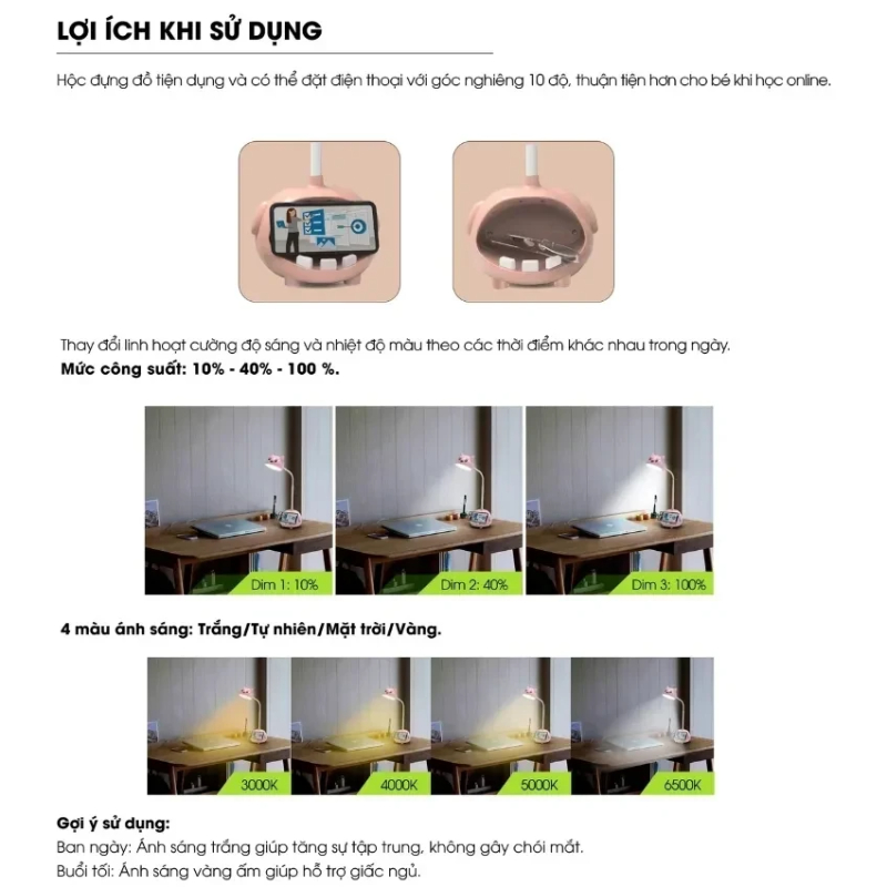 Đèn bàn LED bảo vệ thị lực Rạng Đông RD-RL-41 6W, cảm ứng điều chỉnh 4 màu sáng, 3 mức sáng