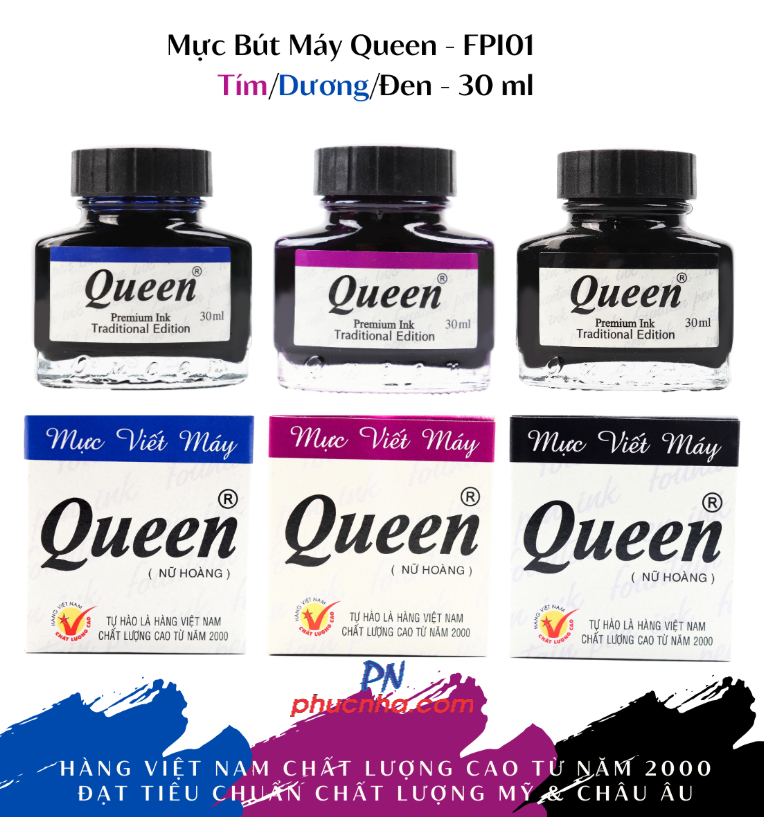 Mực viết máy Queen FPI-01 30ml (12/72) - Mực xanh/ tím/ đen
