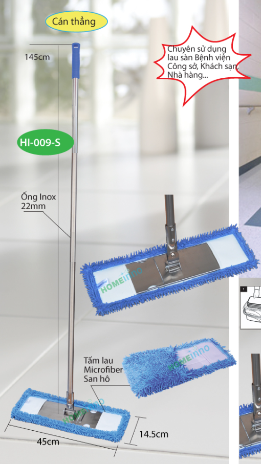 Cây lau nhà bẹ inox 45cm Homeinno HI-009 san hô bẻ cán thẳng 145cm