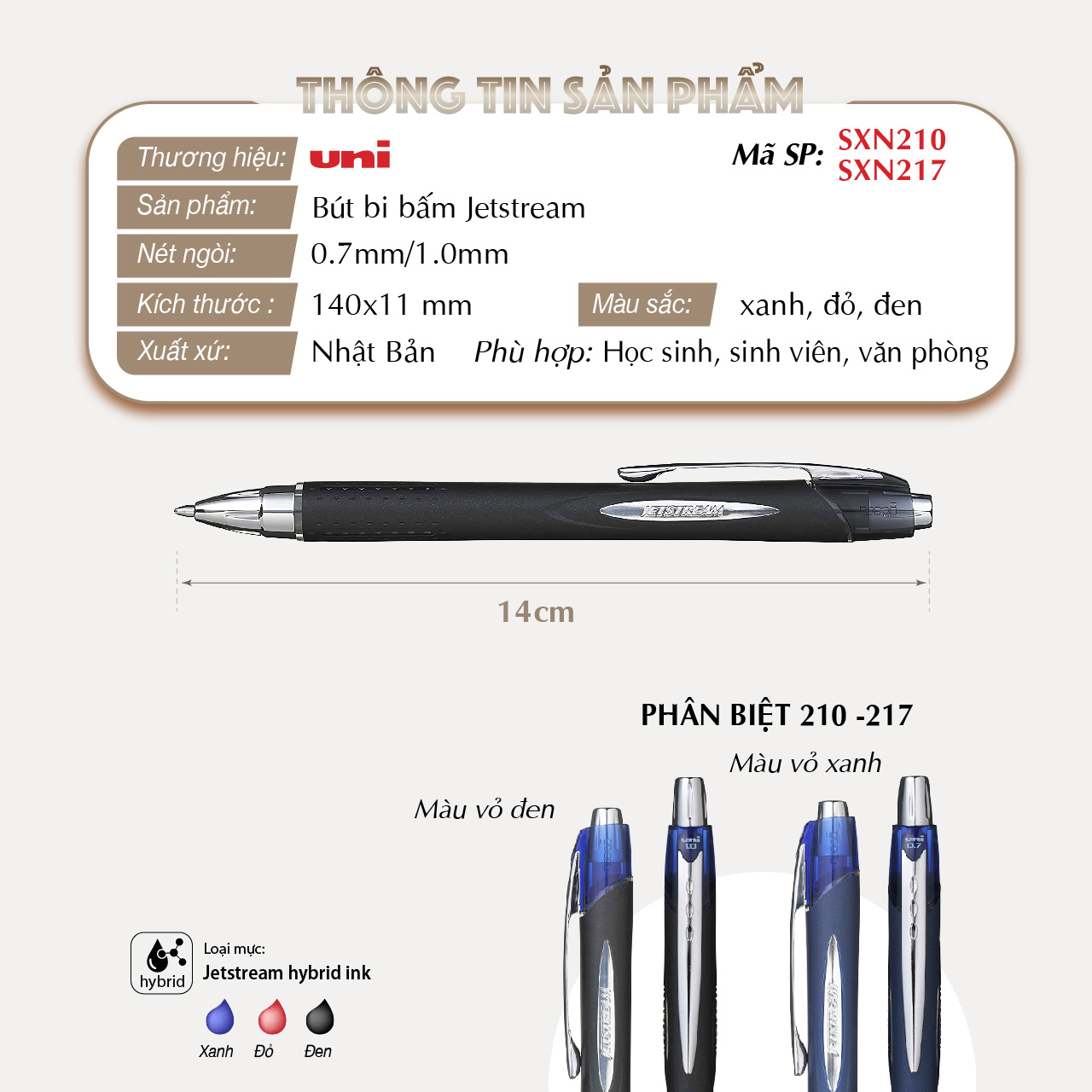 Bút ký Uni-ball SXN-210 Jetstream semi gel bút bi bấm 1.0mm, mực xanh (12)