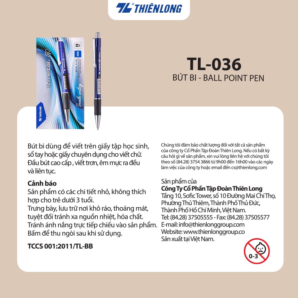 Bút bi Thiên Long TL-036, 0.7mm (20) - Bút bi TL036 Mực xanh/ đỏ/ đen