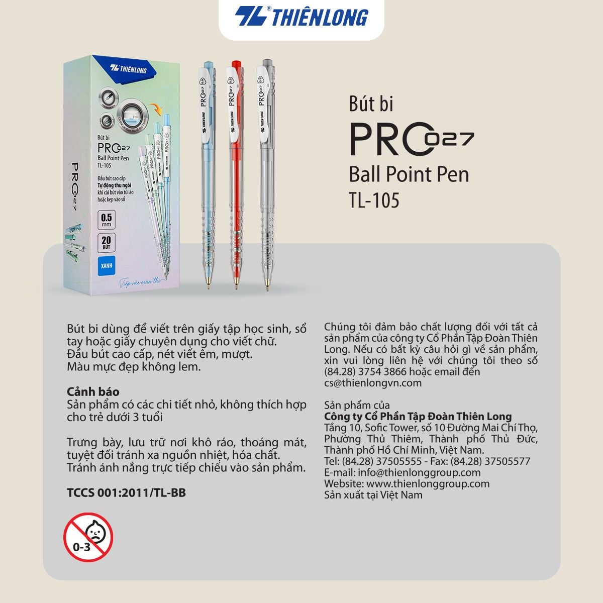 Bút bi Thiên Long TL-105 PRO 027 cán màu pastel 0.5mm (20) - Mực xanh/ đỏ/ đen - Bút bi TL105