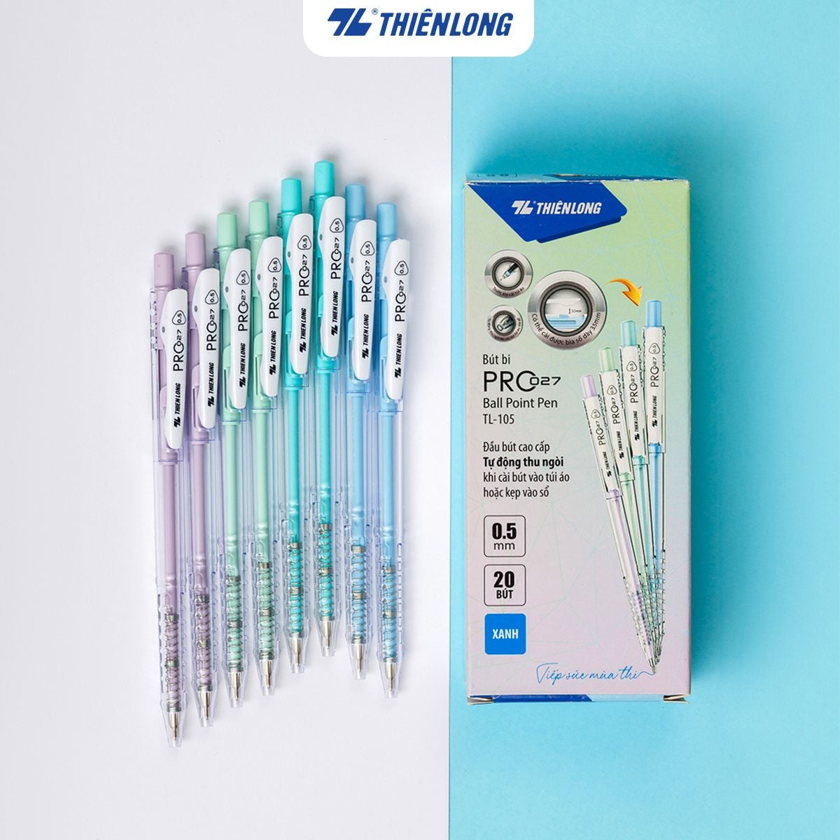 Bút bi Thiên Long TL-105 PRO 027 cán màu pastel 0.5mm (20) - Mực xanh/ đỏ/ đen - Bút bi TL105