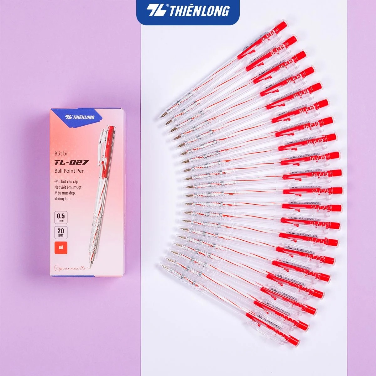 Bút bi Thiên Long TL-027 0.5mm (20) - Mực xanh/ đỏ/ đen/ tím TL027