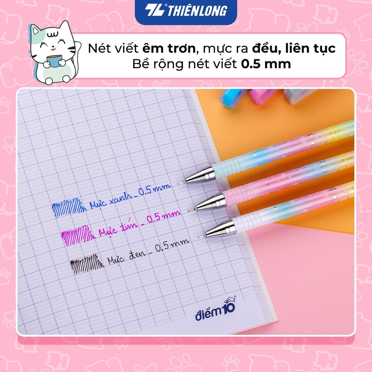 Bút gel Thiên Long Điểm 10 TP-GEL039 0.5mm, mực tím (20) - Bút bi mực nước ngòi bút nét mảnh cho học sinh