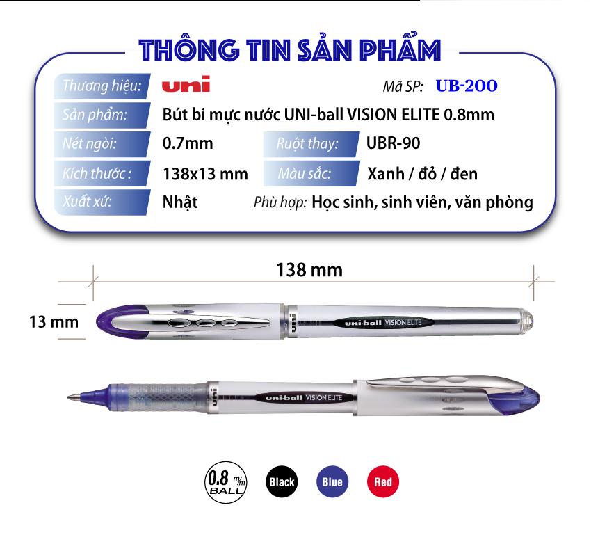 Bút ký Uniball UB-200 Vision elite roller ball 0.8mm, mực xanh (12)