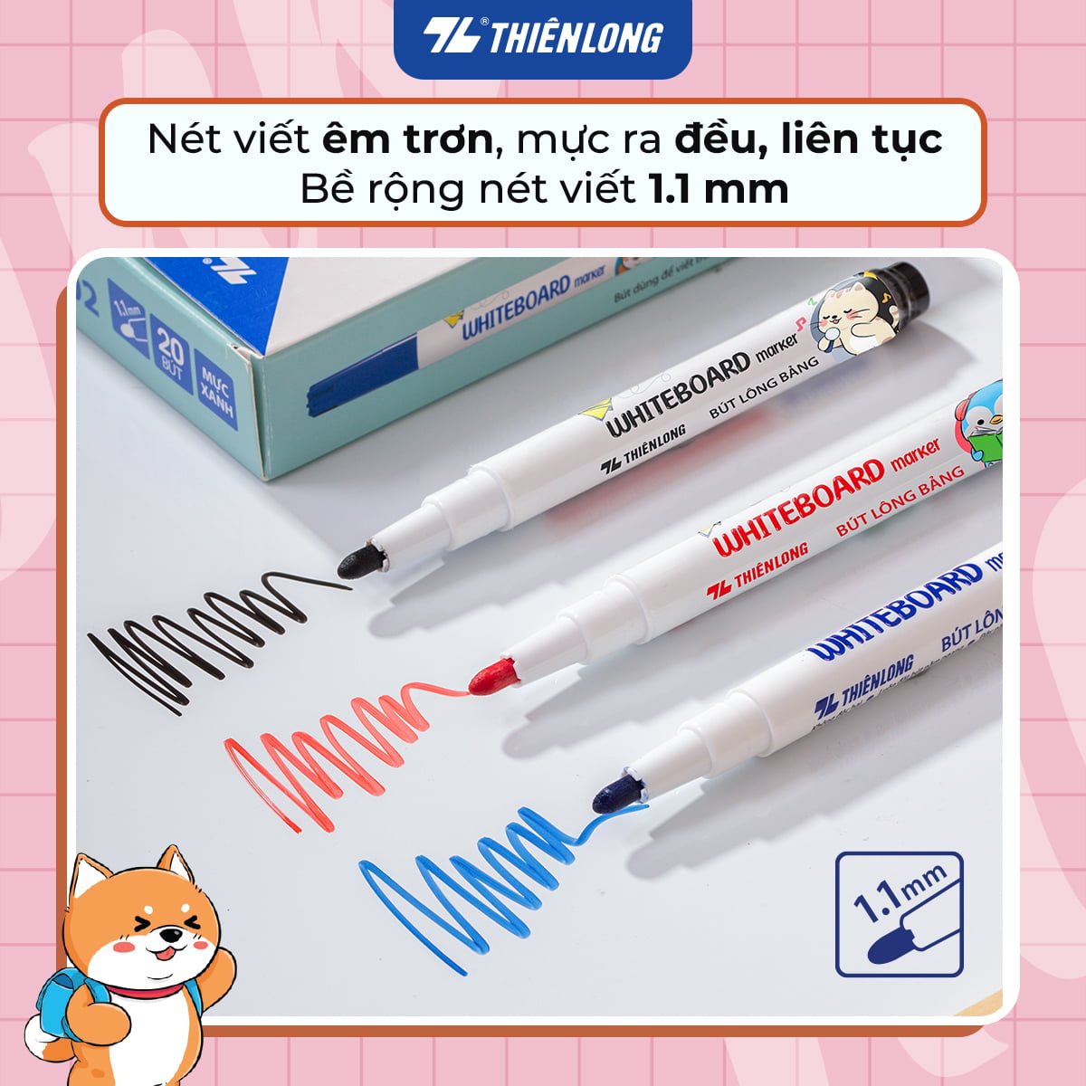 Bút lông bảng Thiên Long WB-02 cây nhỏ nét 1.1mm, mực xanh (20)