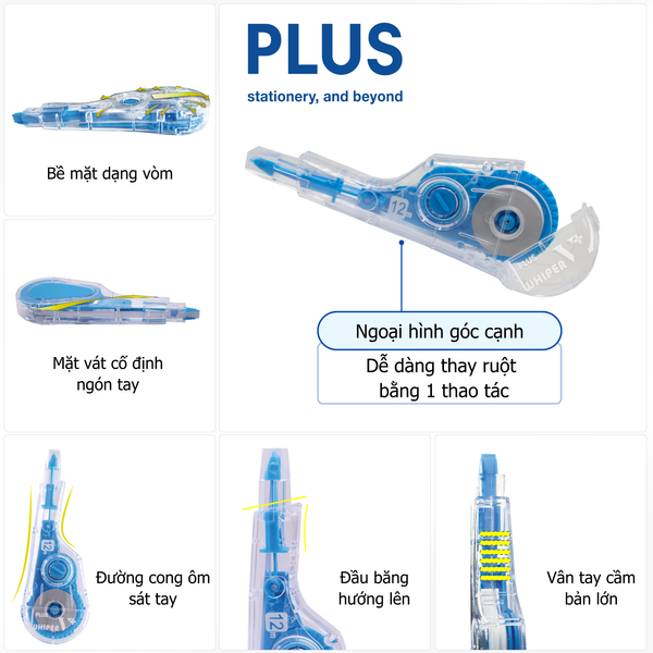 Băng xóa kéo Plus WH-105T V+ 5mmx12m (10/100) thế hệ mới – Dễ thay ruột, thiết kế công thái học