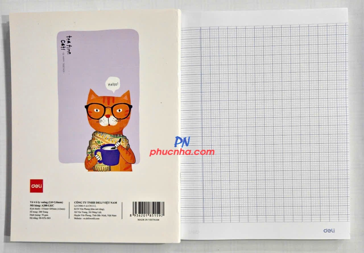 Tập HS Deli A200-LKC lucky cat 200tr 70gsm 4 ô ly (5/50)