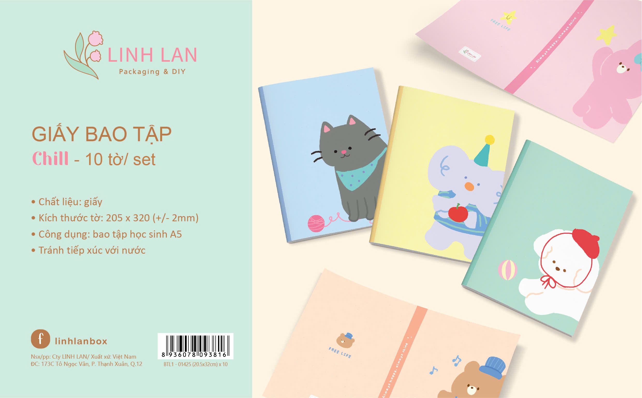 Giấy bao tập học sinh 205x320mm Linh Lan BTL1 (10 tờ/ 5 mẫu/ set)