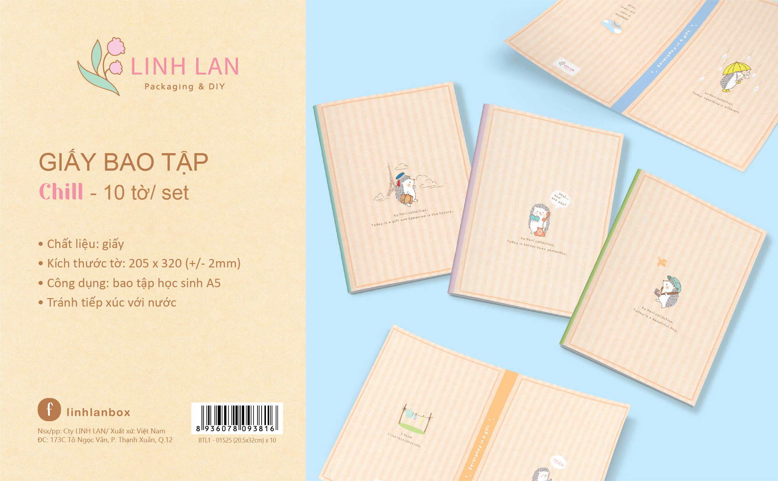 Giấy bao tập học sinh 205x320mm Linh Lan BTL1 (10 tờ/ 5 mẫu/ set)