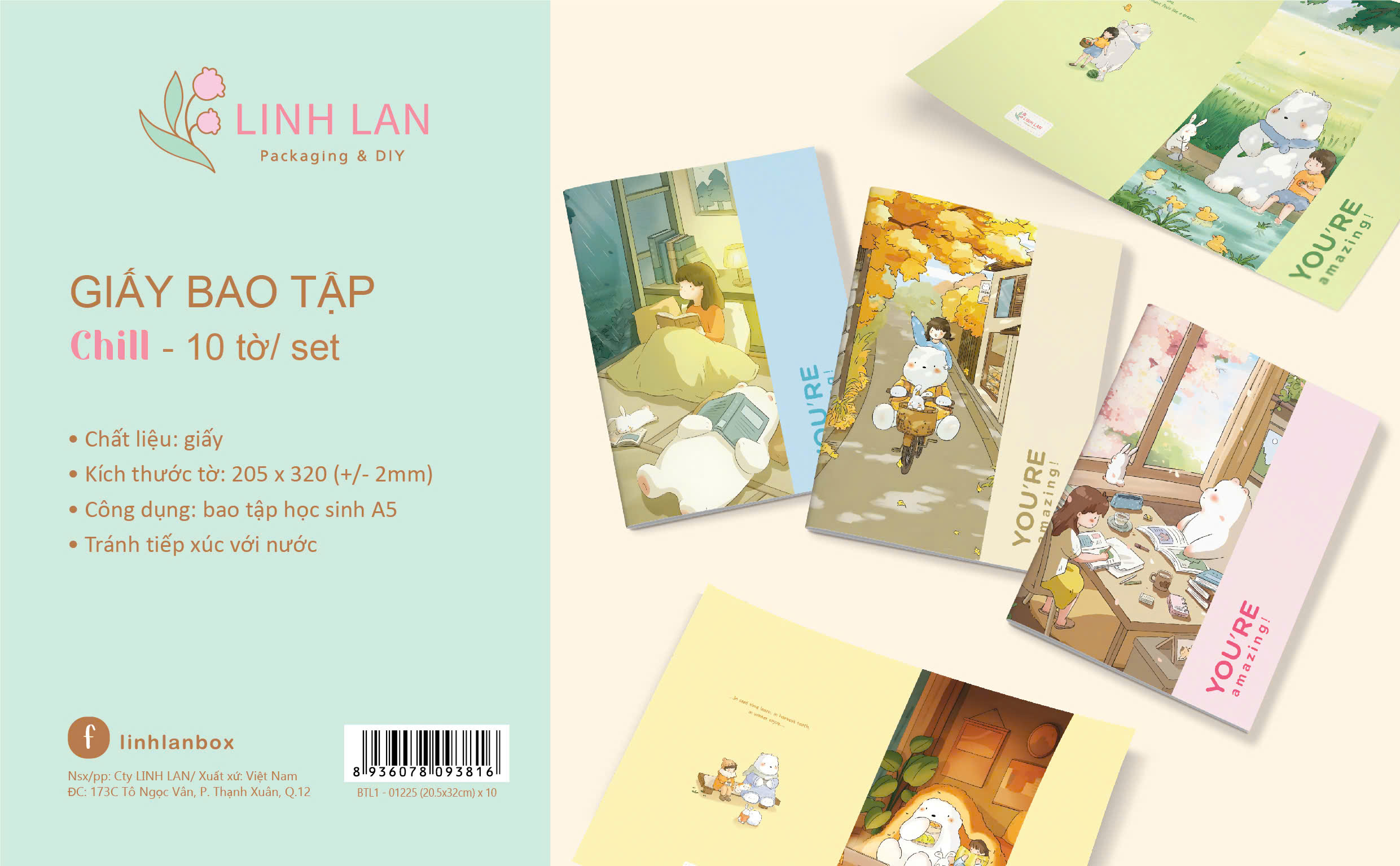 Giấy bao tập học sinh 205x320mm Linh Lan BTL1 (10 tờ/ 5 mẫu/ set)