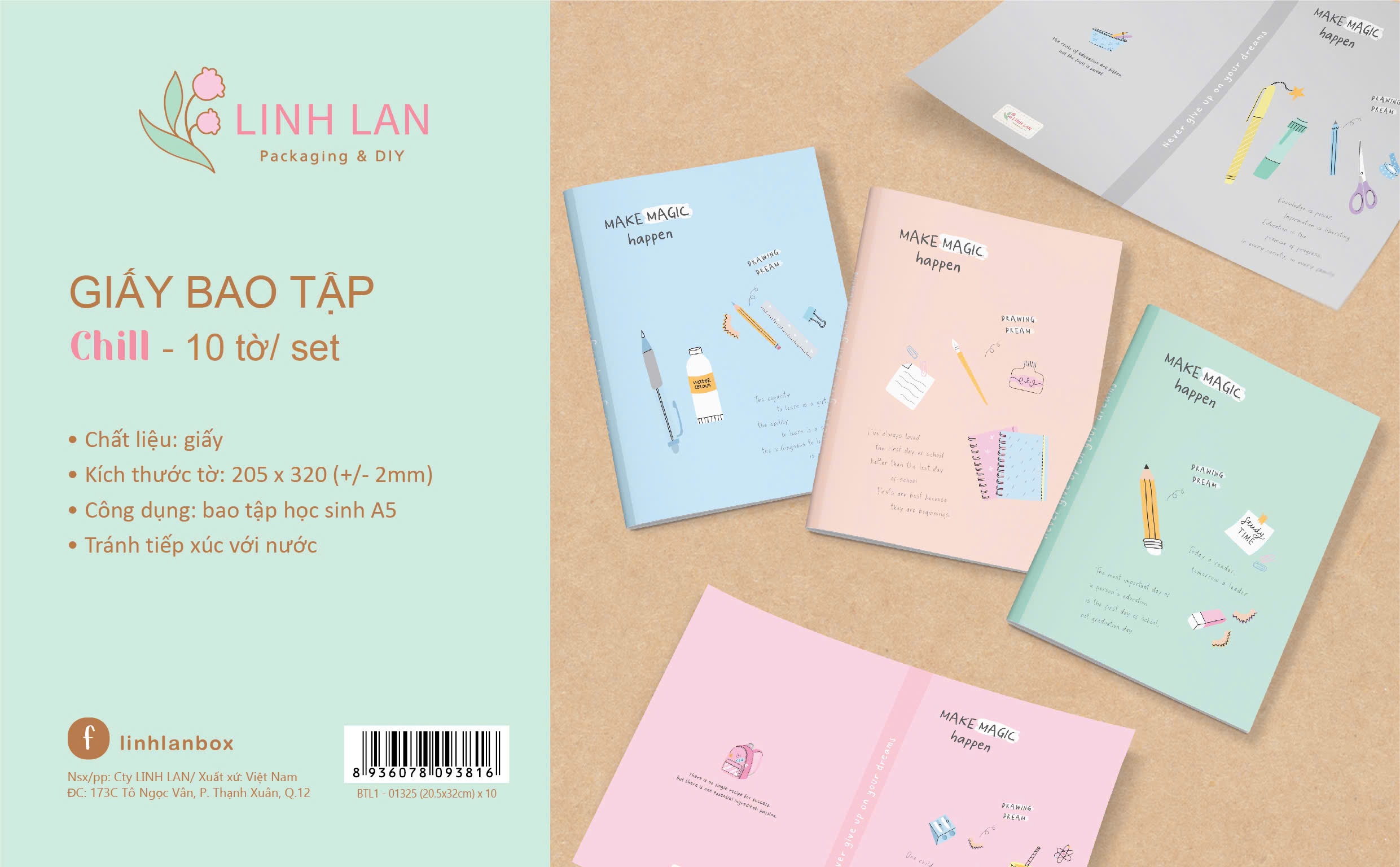 Giấy bao tập học sinh 205x320mm Linh Lan BTL1 (10 tờ/ 5 mẫu/ set)