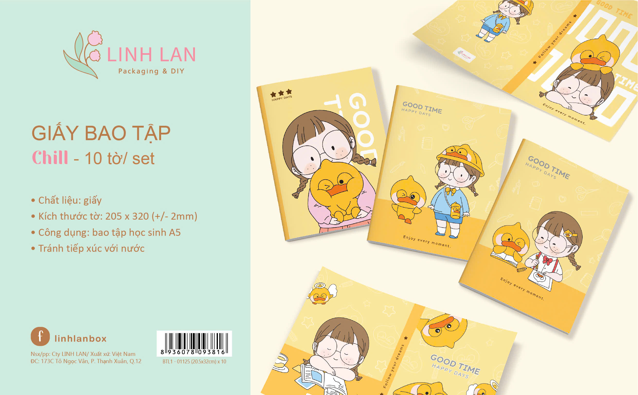 Giấy bao tập học sinh 205x320mm Linh Lan BTL1 (10 tờ/ 5 mẫu/ set)