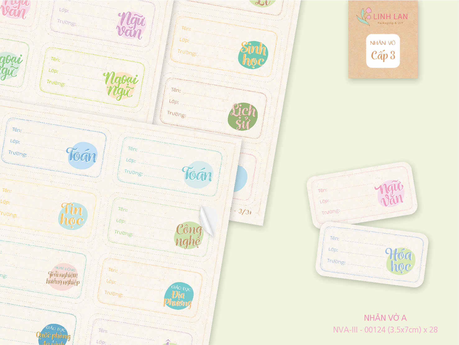 Nhãn vở A môn học cấp III Linh Lan NVA-III 3.5x7cm (28 cái/ set)
