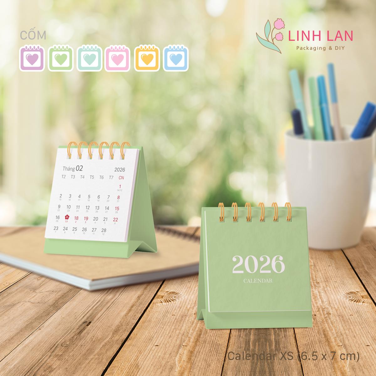 Lịch để bàn Linh Lan Décor 2026 lò xo chữ A - size XS 6.5x7cm (6 màu)