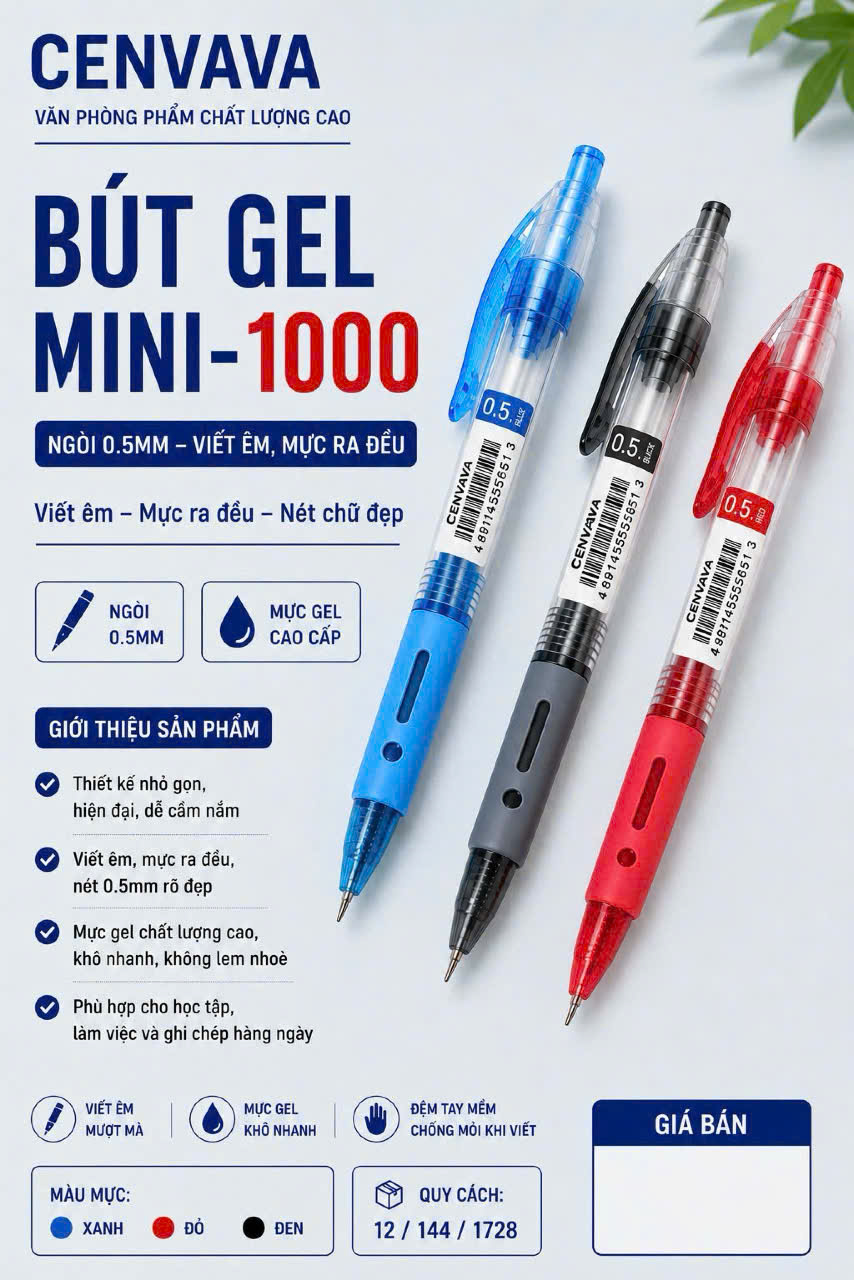 Bút gel Cenvava Mini-1000 0.5mm, Mực Xanh/ Đỏ/ Đen (12) bút nước, bút bi mực nước bấm
