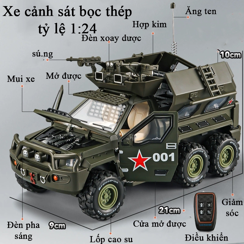 Đồ chơi mô hình xe cảnh sát bọc thép KAVY bằng hợp kim có nhạc và đèn kèm điều khiển từ xa tự đóng mở