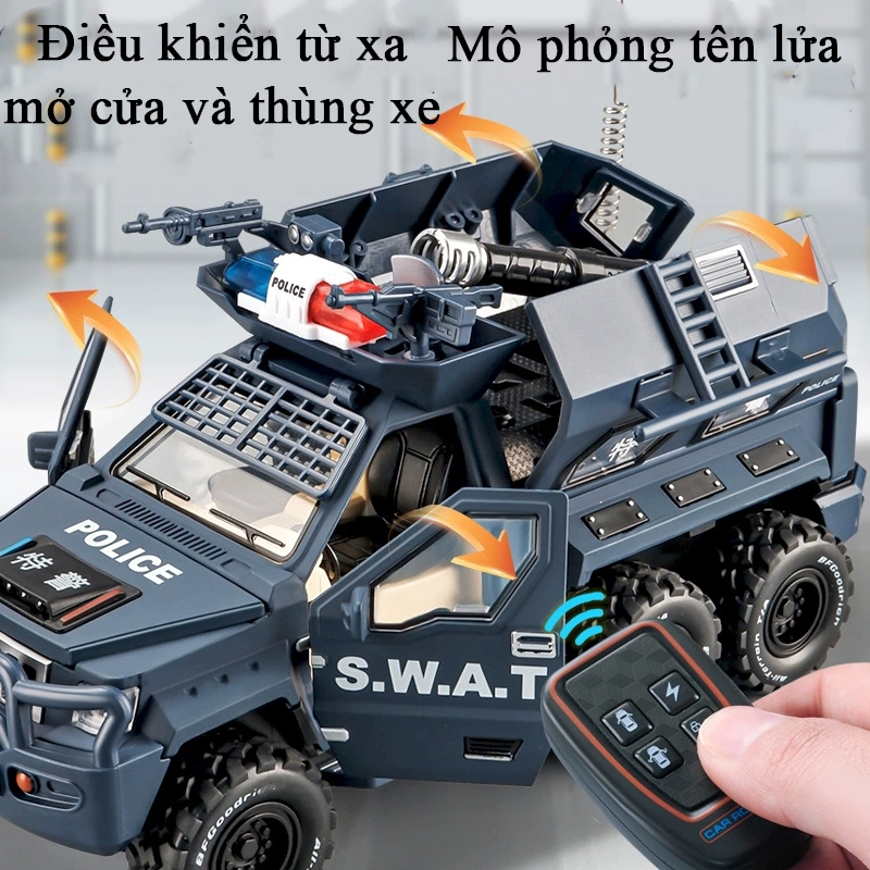 Đồ chơi mô hình xe cảnh sát bọc thép KAVY bằng hợp kim có nhạc và đèn kèm điều khiển từ xa tự đóng mở