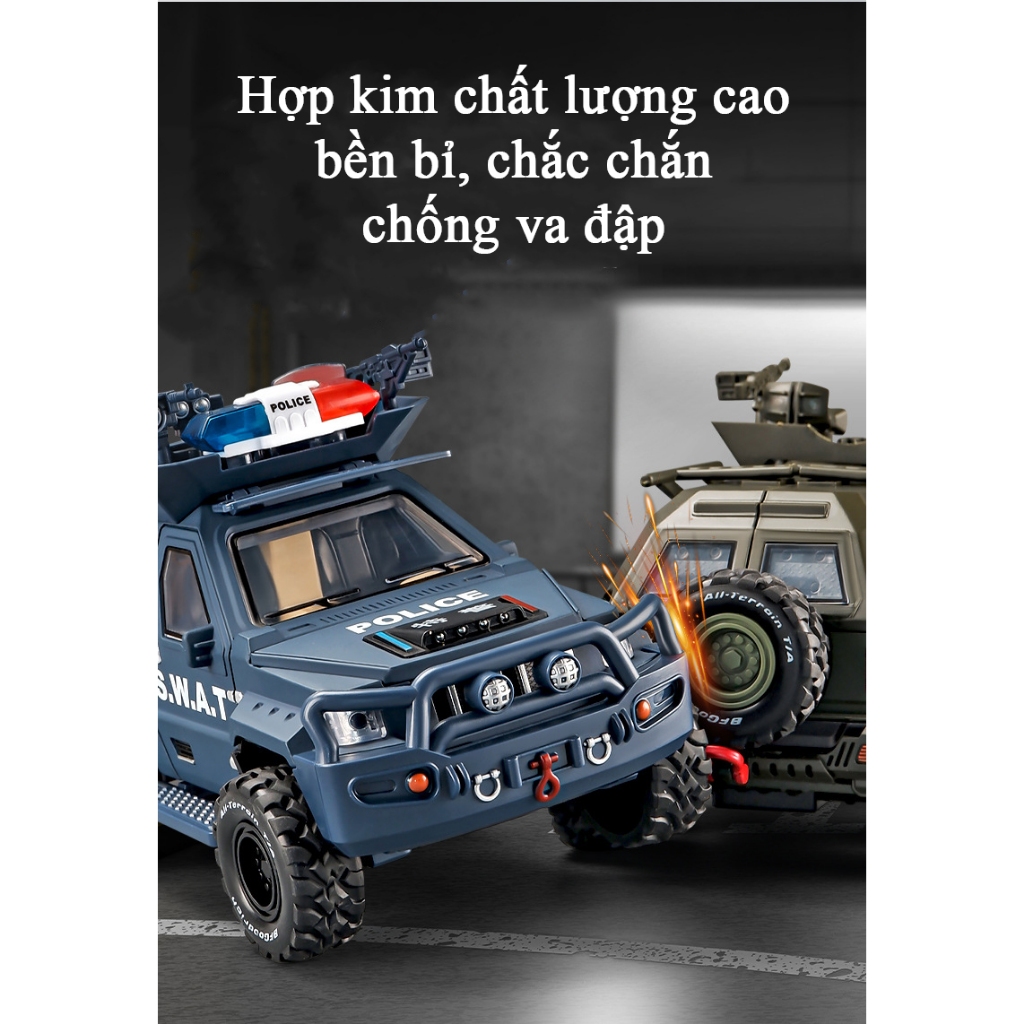 Đồ chơi mô hình xe cảnh sát bọc thép KAVY bằng hợp kim có nhạc và đèn kèm điều khiển từ xa tự đóng mở