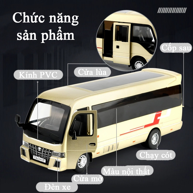Mô hình xe bus Toyota Coaster KAVY tỉ lệ 1:32 có đèn và âm thanh bằng hợp kim chạy cót