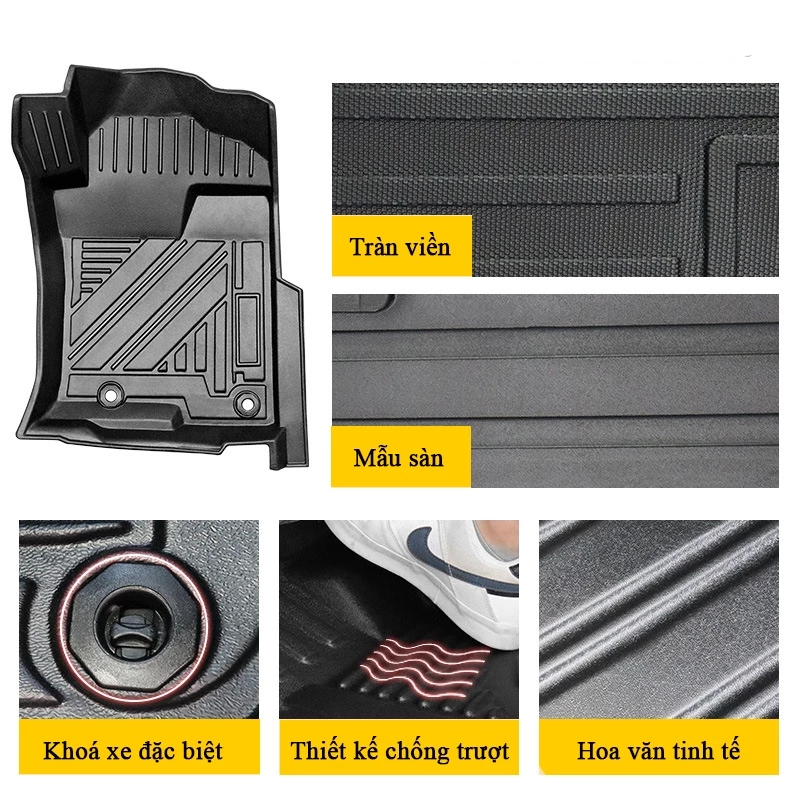 Thảm lót sàn ô tô Toyota Hilux 2015-2024 bằng TPE tràn viền bậc cửa an toàn cao cấp