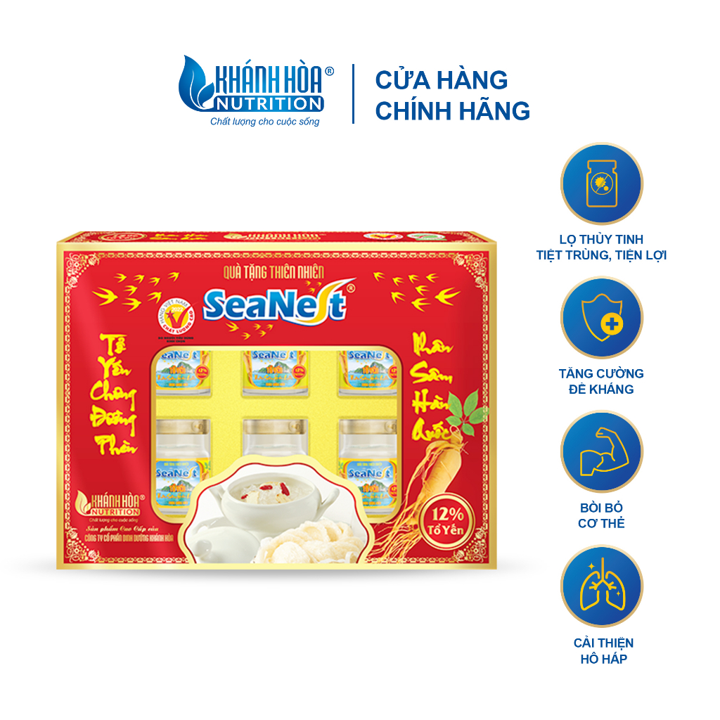 Hộp Quà Yến Sào Chưng Nhân Sâm Hàn Quốc 12% Tổ Yến Seanest - Khánh Hòa Nutrition ( Hộp 6 lọ x 70ml )