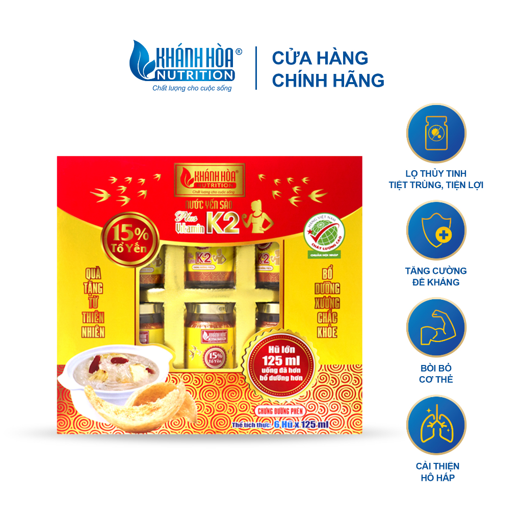 Nước Yến Sào 15% Tổ Yến Bổ Sung Vitamin K2 Khánh Hòa Nutrition ( 6 lọ x 125ml )