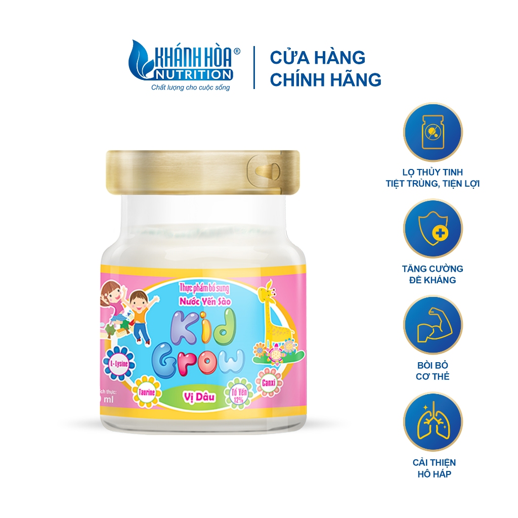 [TẶNG 1 HỘP NHỰA] Combo 8 Lọ Yến KidGrow Cho Bé 12% Tổ Yến Vị Dâu - Khánh Hòa Nutrition - 8 Lọ x 70ml