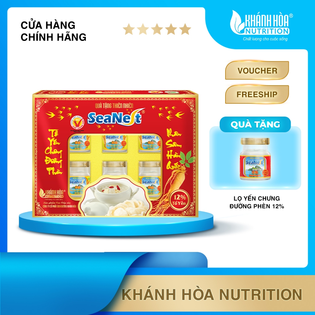 Hộp Quà Yến Sào Chưng Nhân Sâm Hàn Quốc 12% Tổ Yến Seanest - Khánh Hòa Nutrition ( Hộp 6 lọ x 70ml )