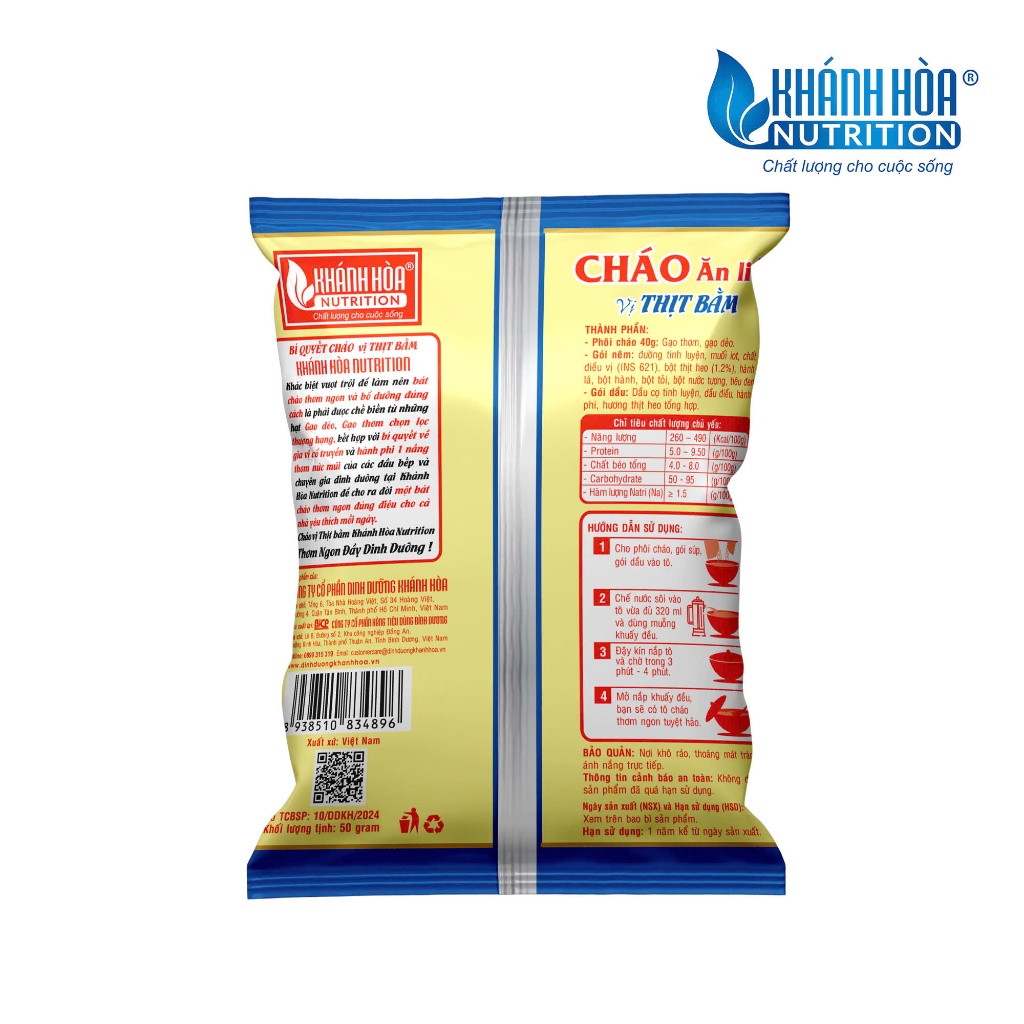 Cháo Ăn Liền Vị Thịt Bằm - Khánh Hòa Nutrition (Thùng 44 gói x 50g)