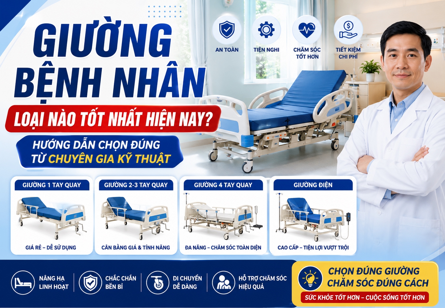 GIƯỜNG BỆNH NHÂN LOẠI NÀO TỐT NHẤT HIỆN NAY? HƯỚNG DẪN CHỌN ĐÚNG TỪ CHUYÊN GIA KỸ THUẬT.