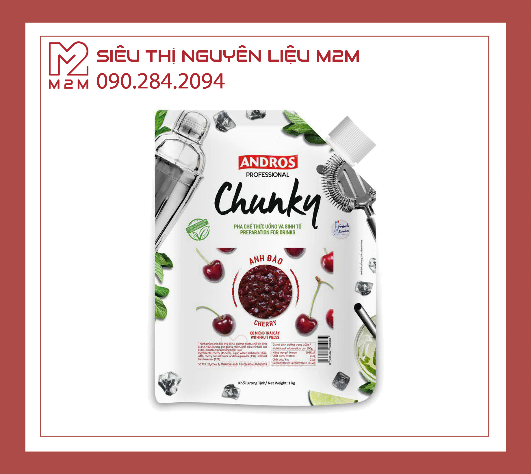 Mứt Anh Đào Andros Chunky 1kg – Cherry Fruit Preparation